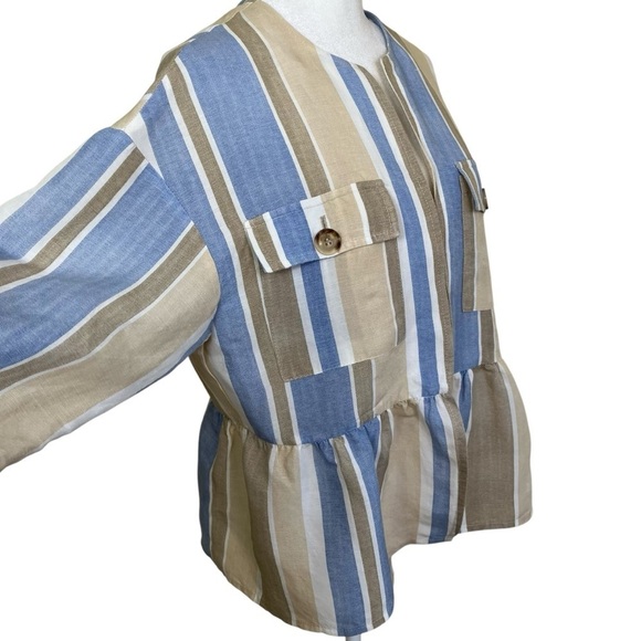 Zara Linen Blend Striped Open Front Blazer Jacket Peplum Hem Boho Spring Sz S - Picture 7 of 16